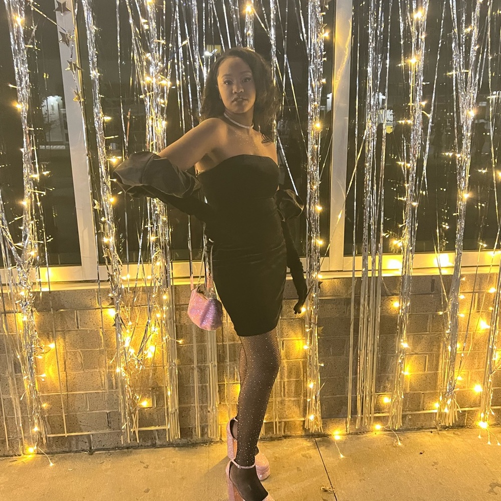 Black velvet bodycon dress with puffy gloves